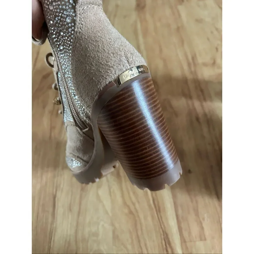 Michael Kors tan chunky heel sparkly boots leather suede size 6M New combat